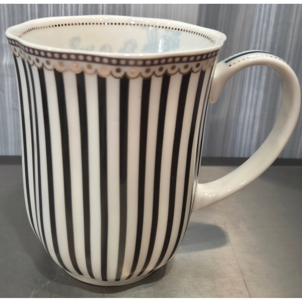 Grace's Teaware Black White Striped Porcelain Mug Gold Trim Blue Toile Interior